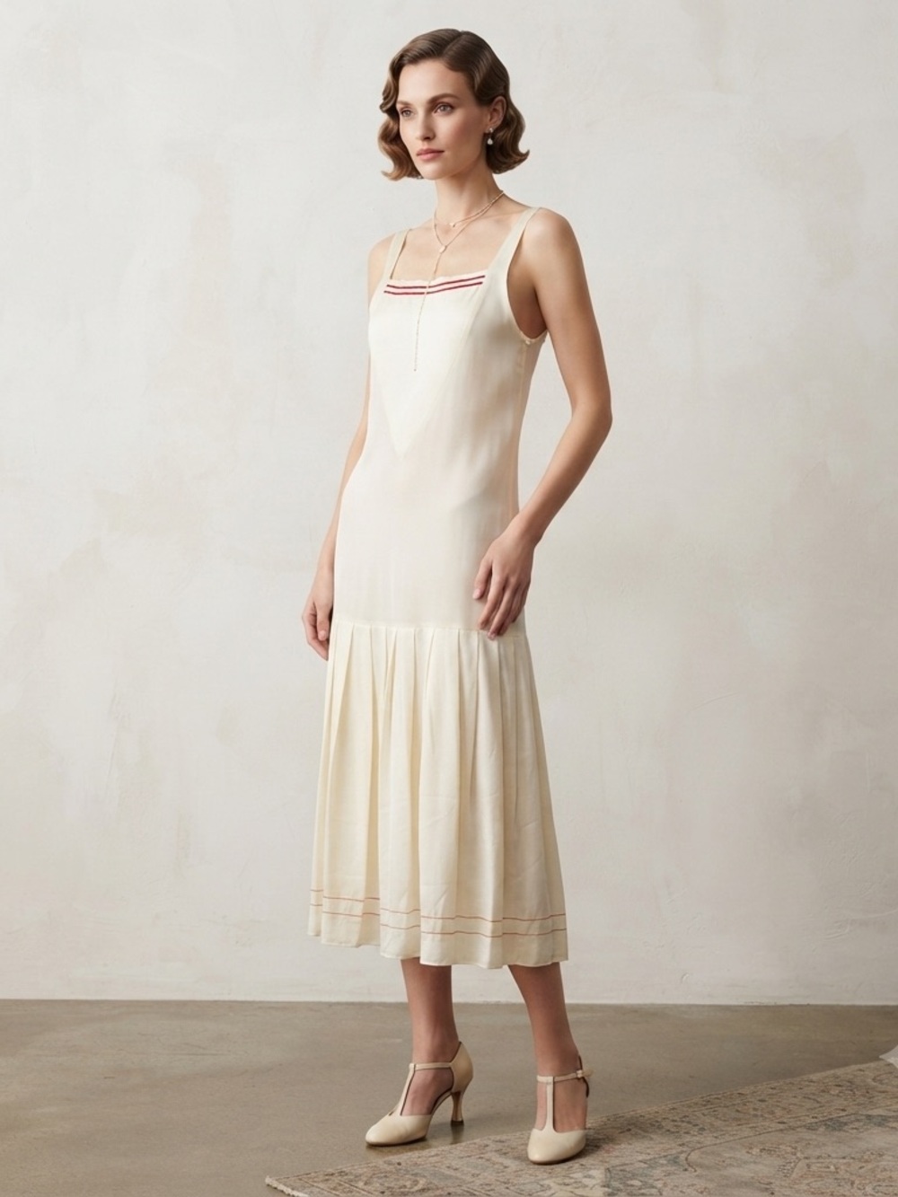 VTG 1970s Drop Waist Pleated Day Dress | Cream 1920s Flapper Revival Shift Slip